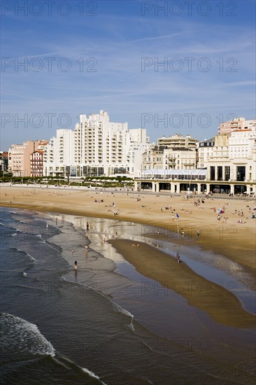 FRANCE, Aquitaine Pyrenees Atlantique, Biarritz, The Basque seaside resort on the Atlantic coast. The Grande Plage beach with the Casino Municipal on the right