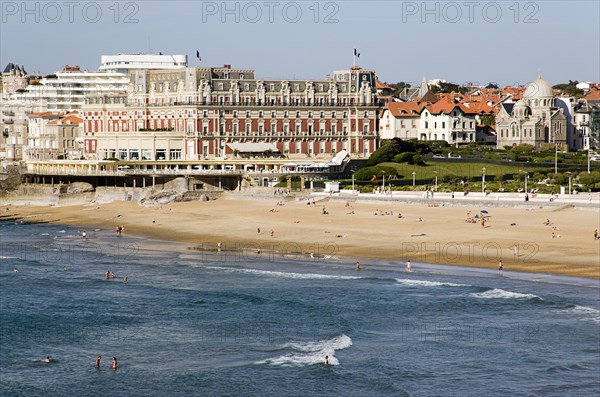 FRANCE, Aquitaine Pyrenees Atlantique, Biarritz, The Basque seaside resort on the Atlantic coast. The Hotel du Palais on the Plage Miramar beachfront