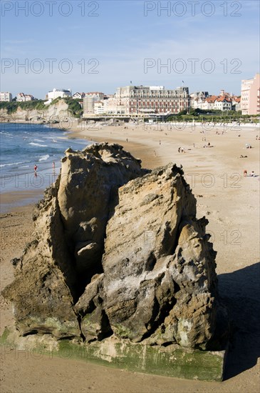 FRANCE, Aquitaine Pyrenees Atlantique, Biarritz, The Basque seaside resort on the Atlantic coast. The Grande Plage beach with the Hotel du Palais beyond.