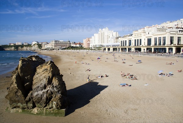 FRANCE, Aquitaine Pyrenees Atlantique, Biarritz, The Basque seaside resort on the Atlantic coast. The Grande Plage beach with the Casino Municipal on the right and the Hotel du Palais on the left