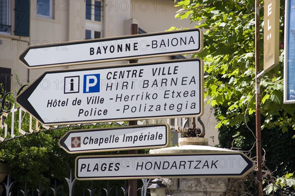 FRANCE, Aquitaine Pyrenees Atlantique, Biarritz, The Basque seaside resort on the Atlantic coast. Bilingual roadsign in the centre of the town. French and Basque language.
