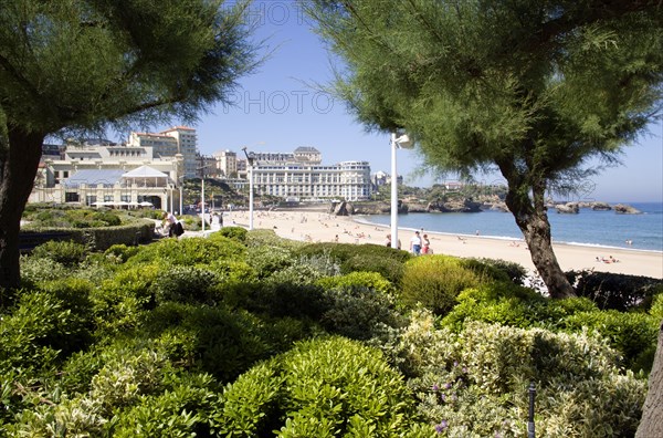 FRANCE, Aquitaine Pyrenees Atlantique, Biarritz, The Basque seaside resort on the Atlantic coast. The Grande Plage beach seen through tamarisk trees in the seafront gardens.
