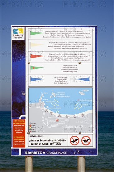 FRANCE, Aquitaine Pyrenees Atlantique, Biarritz, The Basque seaside resort on the Atlantic coast. Seaside safety sign on the Grande Plage beach.