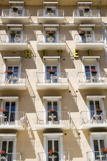 FRANCE, Aquitaine Pyrenees Atlantique, Biarritz, The Basque seaside resort on the Atlantic coast. Hotel balconies.