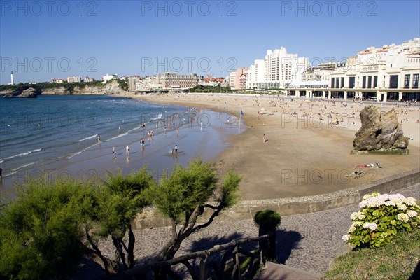 FRANCE, Aquitaine Pyrenees Atlantique, Biarritz, The Basque seaside resort on the Atlantic coast. The Grande Plage beach with the Casino Municipal on the right