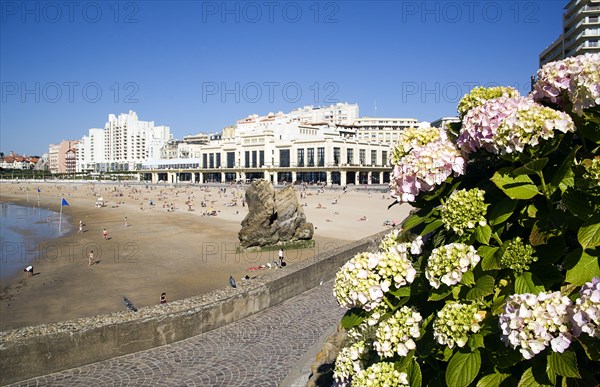 FRANCE, Aquitaine Pyrenees Atlantique, Biarritz, The Basque seaside resort on the Atlantic coast. The Grande Plage beach with the Casino Municipal on the right