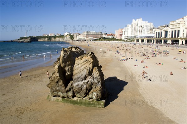 FRANCE, Aquitaine Pyrenees Atlantique, Biarritz, The Basque seaside resort on the Atlantic coast. The Grande Plage beach with the Casino Municipal on the right