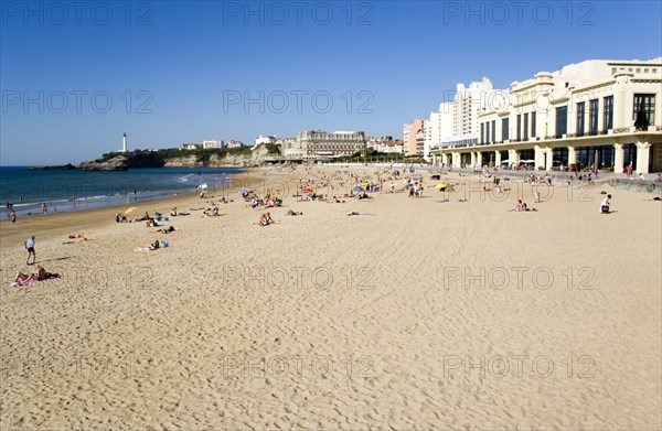 FRANCE, Aquitaine Pyrenees Atlantique, Biarritz, The Basque seaside resort on the Atlantic coast. The Grande Plage beach with the Casino Municipal on the right