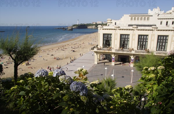 FRANCE, Aquitaine Pyrenees Atlantique, Biarritz, The Basque seaside resort on the Atlantic coast. The Grande Plage beach with the Casino Municipal on the right