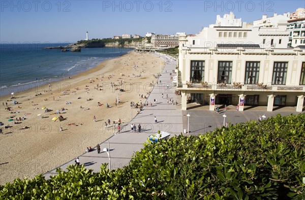 FRANCE, Aquitaine Pyrenees Atlantique, Biarritz, The Basque seaside resort on the Atlantic coast. The Grande Plage beach with the Casino Municipal on the right