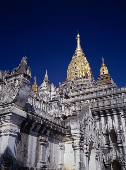 MYANMAR, Bagan, Part view of exterior of Ananda Pahto in old ruined city.  The first of Bagan’s great temples (c. 1090-1105) in Mon architectural style with North Indian influence.