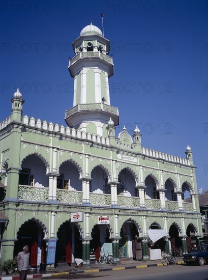 MYANMAR, Maymyo, Pale green and white painted exterior of mosque on Lashio Road with central minaret.