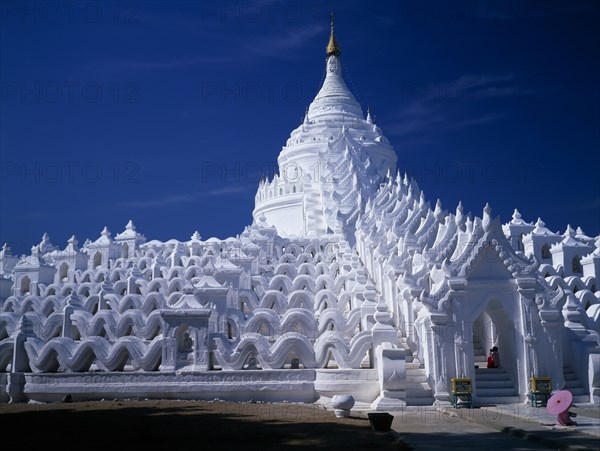 MYANMAR, Mingun, Hsinbyume Pagoda, "Represents Sulamani Stupa on Mt. Meru where Buddha’s shaved hair was enshrined, lower terrace mimic the ocean and upper the mountain ranges below Mt. Meru. "