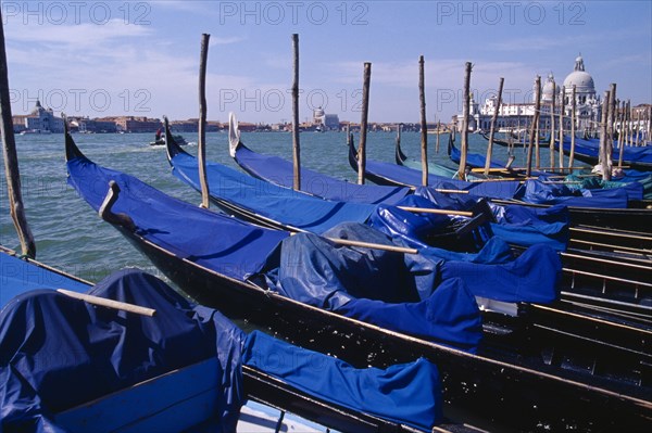 ITALY, Veneto, Venice, Line of gondolas moored at Piazza San Marco jetty with Santa Maria della Salute in distance behind.