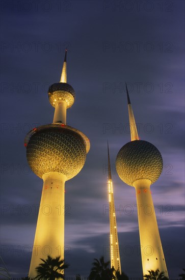 KUWAIT, Kuwait City, Kuwait Towers at dusk.