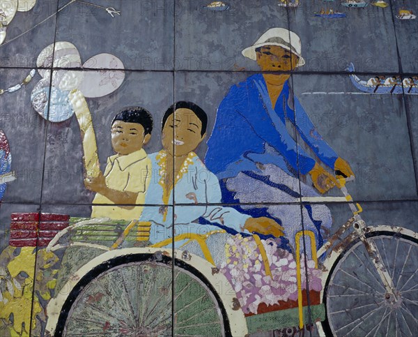 SINGAPORE, Orchard Road, "Painted mural depicting city skyline, dragon boat racing, orchids and trishaw driver."