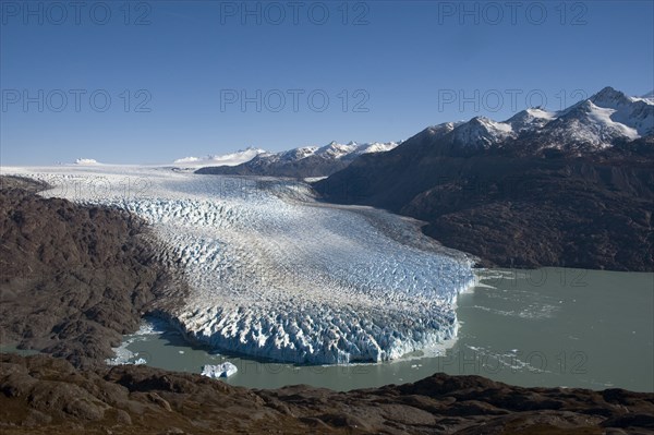 CHILE, Southern Patagonia, Southern Ice fields , Early morning view of Glacier O'Higgins with the Southern Ice fields (Hielo Sur) in the background. Trek from Glacier Chico (Chile) to El Chalten (Argentina)