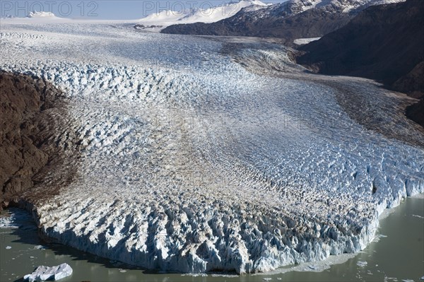 CHILE, Southern Patagonia, Southern Ice fields , Early morning view of Glacier O'Higgins with the Southern Ice fields (Hielo Sur) in the background. Trek from Glacier Chico (Chile) to El Chalten (Argentina)