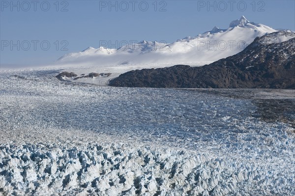 CHILE, Southern Patagonia, Southern Ice Fields (, View of Glacier O'Higgins with O'Higgins mountain on the right and Southern Ice Fields (Hielo Sur) in the background. Trek from Glacier Chico (Chile) to El Chalten (Argentina)