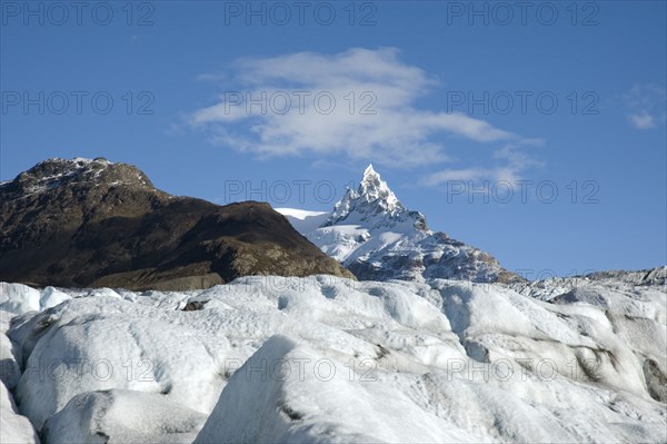 CHILE, Southern Patagonia, Glacier Chico, View of Glacier Chico with unnamed peak in background. Trek from Glacier Chico (Chile) to El Chalten (Argentina)