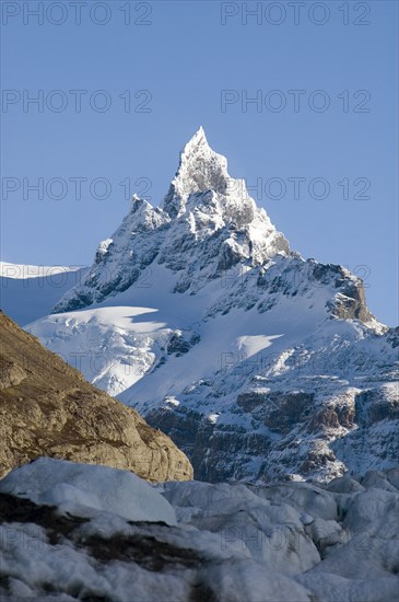 CHILE, Southern Patagonia, Glacier Chico , View of Glacier Chico with unnamed peak in background. Trek from Glacier Chico (Chile) to El Chalten (Argentina)