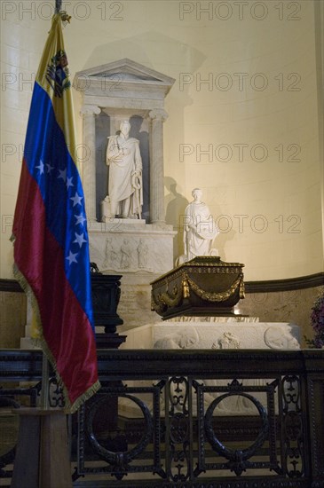 VENEZUELA, Caracas , "Coffin containing the remains of Simon Bolivar with Venezuelan flag in foreground, Panteon Nacional."