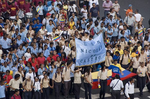 VENEZUELA, Caracas, School children participating in a march in support of President Hugo Chavez along the Avenida Francisco de Miranda.