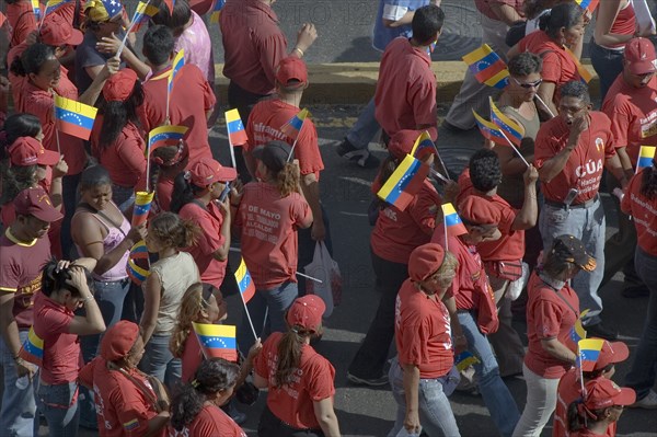 VENEZUELA, Caracas, Participants in a march in support of President Hugo Chavez along the Avenida Francisco de Miranda.