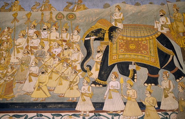INDIA, Rajasthan, Jodhpur, Detail of painting depicting the use of elephants in battle in Meherangarh Fort.