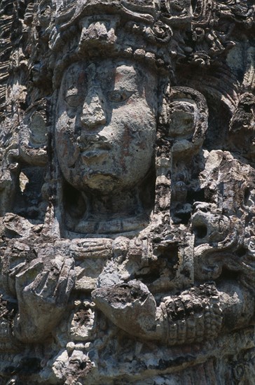 HONDURAS, Copan, Detail of Stela H (AD 730) depicting King 18 Rabbit in the Great Plaza of ancient Mayan site.