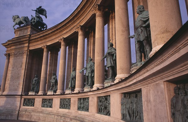 HUNGARY, Budapest, Heroes  Square erected to mark the 1000th anniversary of the Magyar conquest.  Statues of Hungarian leaders on semi circular colonnade of the Millennary Monument. Eastern Europe