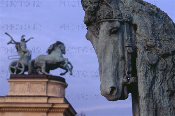 HUNGARY, Budapest, Heroes  Square erected to mark the 1000th anniversary of the Magyar conquest.  Cropped view of equestrian statues on the Millennary Monument. Eastern Europe