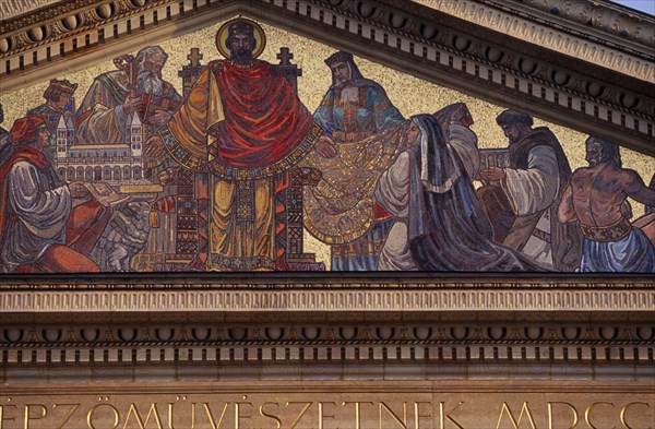 HUNGARY, Budapest, Detail of painting on Exhibition Hall in Heroes Square. Eastern Europe