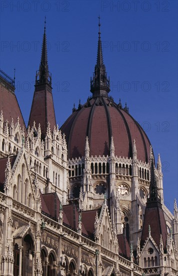 HUNGARY, Budapest, Part view of domed roof and exterior facade of Parliament building. Eastern Europe