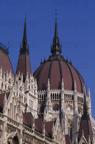 HUNGARY, Budapest, Part view of domed roof and exterior facade of Parliament building. Eastern Europe
