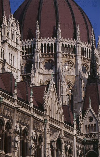 HUNGARY, Budapest, Part view of domed roof and exterior facade of Parliament building. Eastern Europe