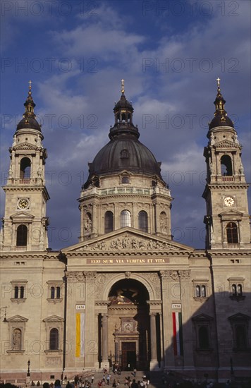HUNGARY, Budapest, Basilica of St Stephen.  Exterior facade with domed roof and twin bell towers.  Eastern Europe