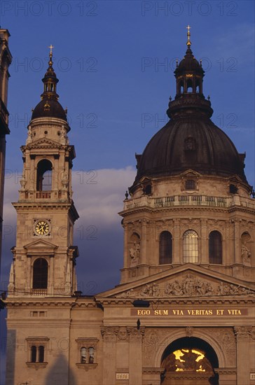 HUNGARY, Budapest, Basilica of St Stephen.  Part view of exterior facade and bell tower. Eastern Europe