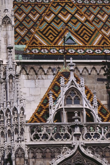 HUNGARY, Budapest, Castle Hill.  Matyas Church  detail of exterior and coloured roof tiles. Eastern Europe   Matthias Mathias Colored