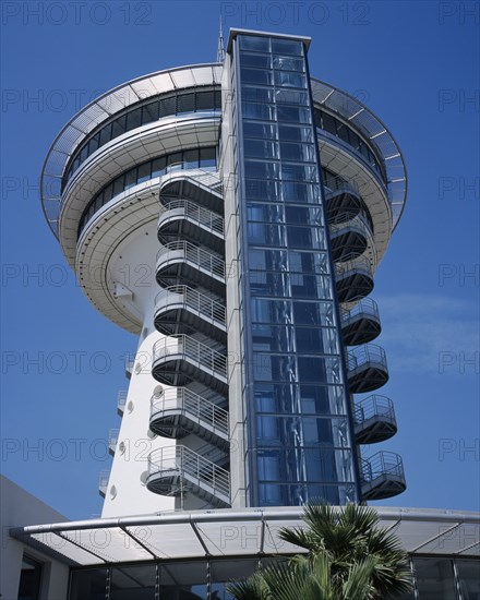 FRANCE, Languedoc Roussillon, Hérault, "Palavas Les Flots.  Le Phare de la Méditerranée. Exterior of former water tower now conference centre, viewing platform and rotating restaurant."