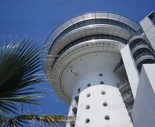 FRANCE, Languedoc Roussillon, Hérault, "Palavas Les Flots.  Le Phare de la Méditerranée. Exterior of former water tower now conference centre, viewing platform and rotating restaurant."