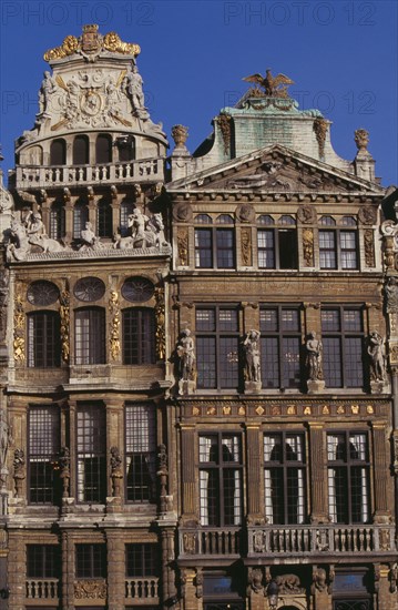 BELGIUM, Brabant, Brussels, Grand Place. Decorated facades of guild houses in the market square. UNESCO World Heritage Site
