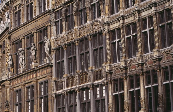 BELGIUM, Brabant, Brussels, Grand Place. Detail of decorated facades of guild houses in the market square. UNESCO World Heritage Site