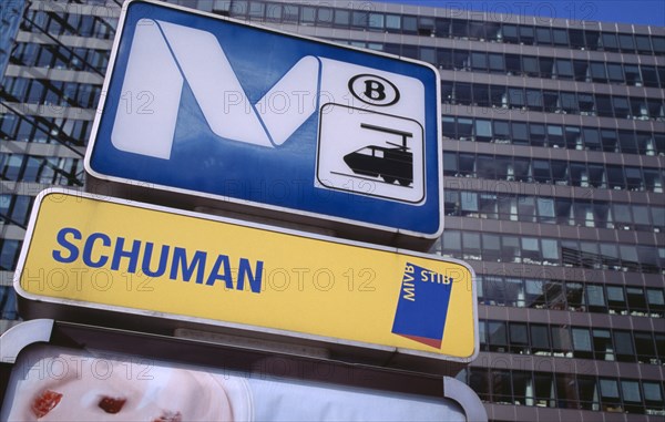 BELGIUM, Brabant, Brussels, Metro and street sign.