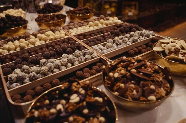 BELGIUM, Brabant, Brussels, Display of Belgian chocolates.