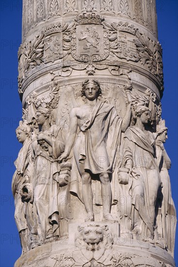BELGIUM, Brabant, Brussels, Detail of carving around the Congress Column built 1850 by Poelaert commemorating the 1831 National Congress which proclaimed the Belgian constitution