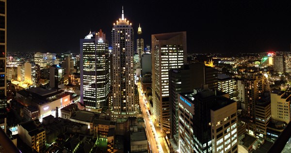 Australia, New South Wales, Sydney, Panorama of Pitt Street By Night