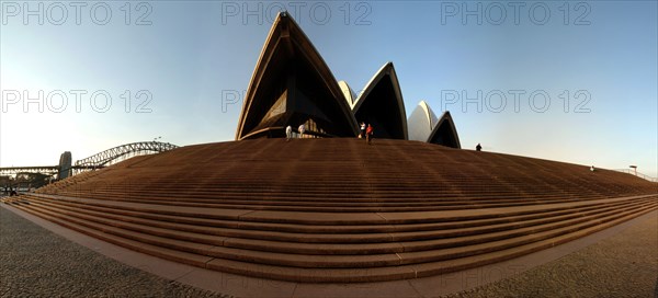 Australia, New South Wales, Sydney, Panorama Of Sydney Opera House And Harbour Bridge At Sunset