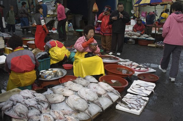 SOUTH KOREA, Yeongnam, Busan, "Seafood vendor at Jagalchi Market, the largest fish market in Korea"