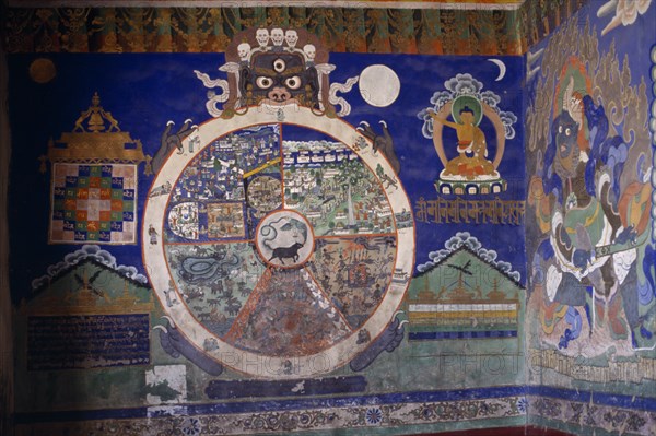 INDIA, Buddhism, "Fresco on Buddhist monastery wall depicting Yamantaka, the terminator of death holding the wheel of life illustrating the six realms of existence including human. "